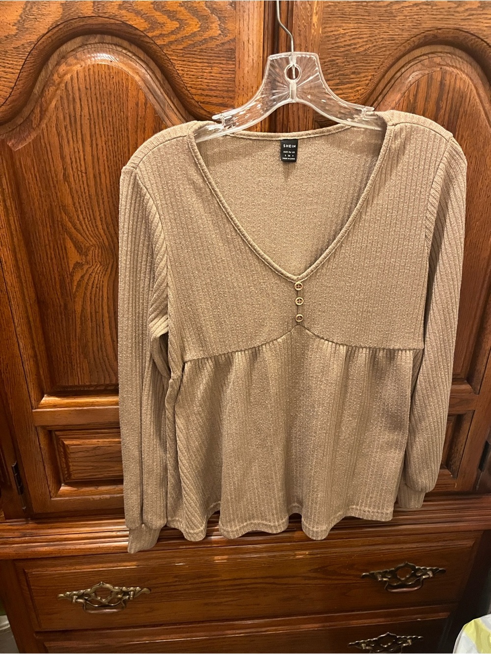 SHEIN Ribbed Knit Long Sleeve Top - Beige